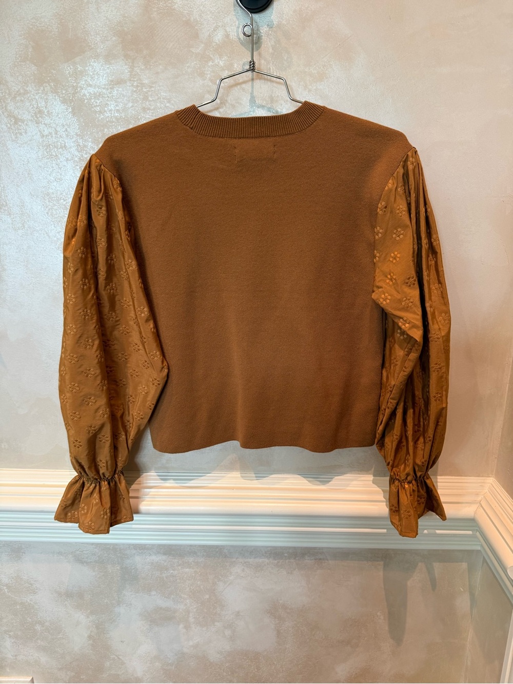 Anthropologie Chestnut Brown Crewneck Sweater with Embroidered Puff Sleeves - Picture 2 of 3